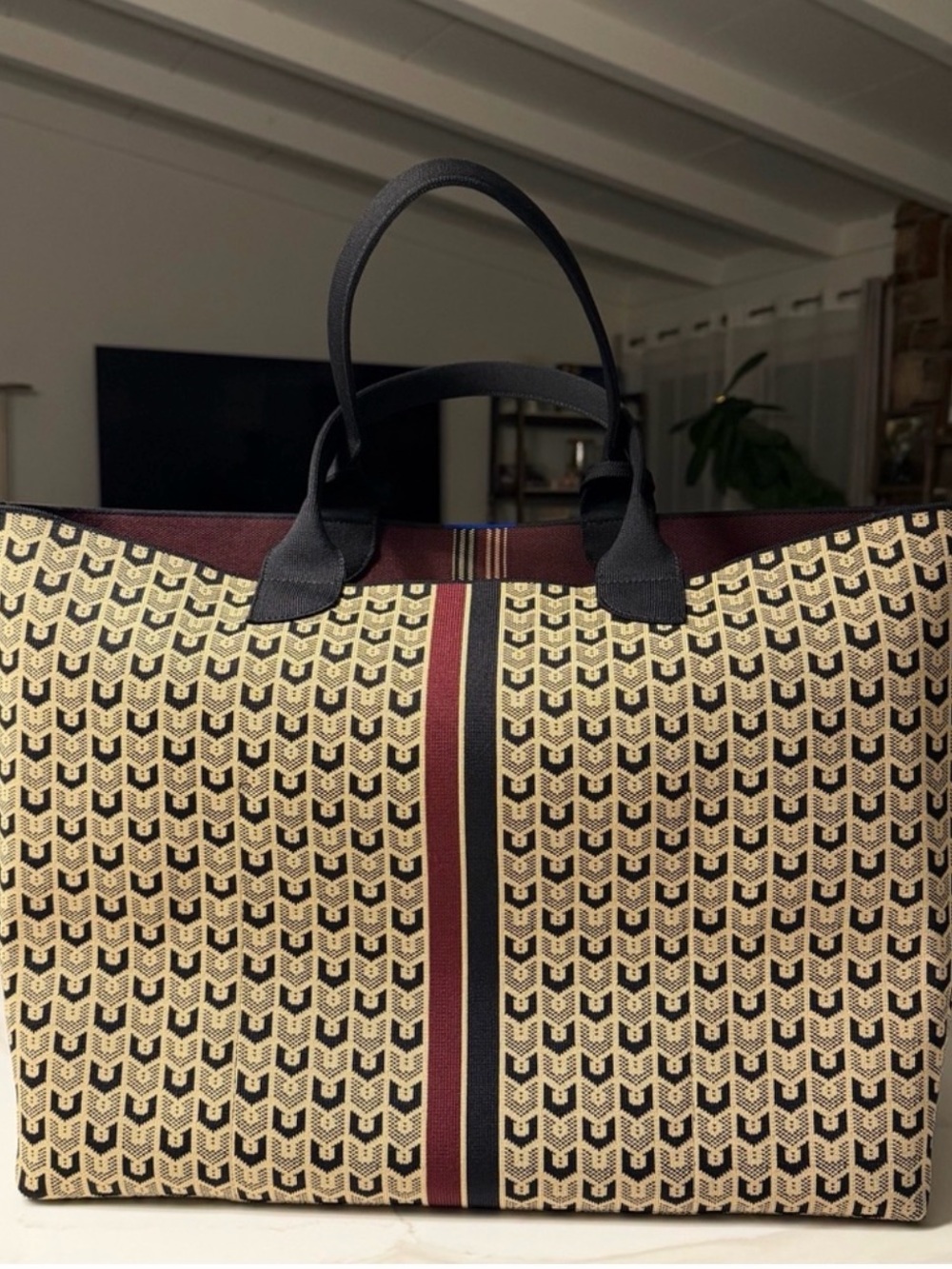 Rothy's Beige Patterned Tote with Burgundy and Navy Stripe